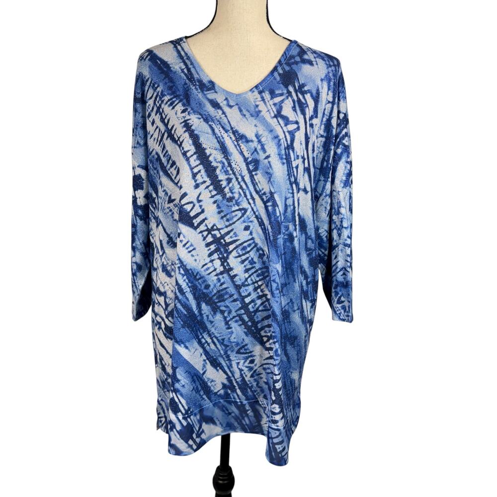 CJ Banks 2X-Large Tunic Top Stretch Lightweight V-Neck Sparkles Embellished Blue